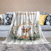 Aperturee - Aperturee Green Wreath Wild Baby Deer Custom Name Blanket